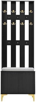 Merax Modern Luxury 3-in-1 Hall Tree with Cushion, Wood Versatile Coat Rack with Adjustable Shelves for Entrance, Hallway Black