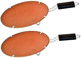 Handmade Earthenware Clay Tawa for Roti with Handle (Standard Size, Brown) (Q-2 Tawa) Pack of 2