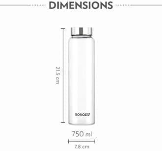 Borosil 750ml Crysto Bottle Set with Lid | Borosilicate Glass Wide Mouth Bottle for Fridge | Extreme Temperature Resistant For Hot & Cold Water, Milk, Lassi, Juice (Pack of 3, Steel Lid)
