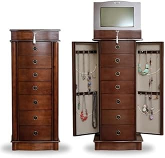 Hives and Honey Noel Standing Jewelry Armoire Cabinet, Locking Organizer with Flip Top Mirror, 2 Side Doors, 7 Drawers, Jewelry Chest for Necklaces, Earrings, Bracelets, Walnut