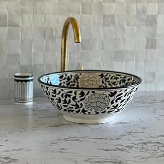 Handmade Ceramic Moroccan Vanity Vessel Sink, Handwash Countertop Vanity Basin Sink, Farmhouse Bathroom Basin, Hand Painted Wash Basin Sink for Bathroom with a Gift Included (14"= 35cm)