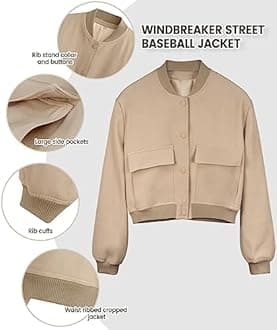 Modegal Women's Spring Varsity Bomber Jackets Long Sleeve Cropped Button Down Casual Coat with Pockets Outwear