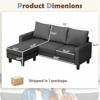 JUMMICO Couch for Small Living Room, 72" Small Sofa with Reversible Ottoman, 3 Seat L-Shaped Sofas, Comfy Couches for Apartment (Linen Fabric, Dark Grey)