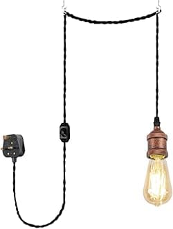 4.5 Meters of Black Twisted Fabric Cable Plug In Pendant Lighting Kit Pendant Light Fitting with Dimmer Switch and E27 Rusty Red Lamp Holder