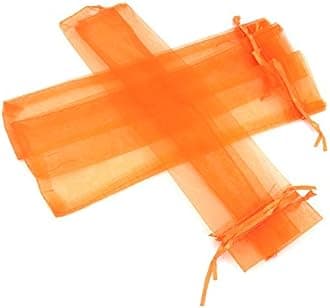 50Pcs Orange Hand Fan Organza Bags, 2x10 Inches Sheer Halloween Drawstring Pouches Folding Fan Gift Bags for Packaging Wedding Party Favor