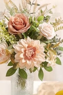 Serra Flora Faux Flowers with Vase,Artificial Silk Roses in Vase,Table Centerpieces for Dining Room, Silk Flower Arrangements for Home, Living Room Bathroom Plant Decor, Centerpiece Table Decorations