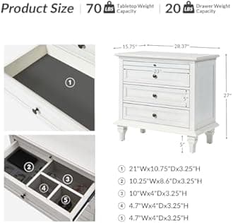 HULALA HOME Farmhouse 3 Drawer End Table with Tray, Drawer Organizer with Solid Wood Legs, End Table with Charging Station（White）