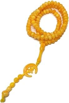 Al-Ameen Muslim Gift Islam Prayer Tasbih 99 Beads AMN-303 8 mm. Rosary Bead Moon Star Decorated Tassels Haj Eid Ramadan (Yellow)