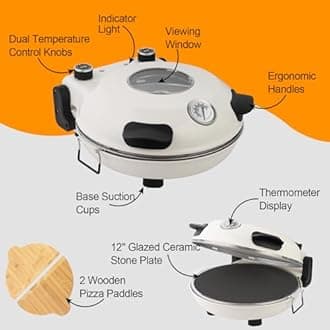ECUMFFY Pizza Oven Indoor, 12 Inch Retro Pizza Maker, Rapid Heating 800˚F, 1200W Glazed Ceramic Stone Electric Pizza Cooker, Two-button Precise Temperature Control, Viewing Window for Precise Cooking