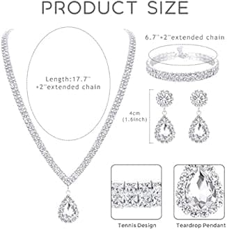 FIBO STEEL Clip on Wedding Jewelry for Bride Bridesmaid Clip Teardrop Pendant Earrings Crystal Rhinestone Tennis Necklace Bracelets Jewelry Set for Women Party Wedding Prom, Metal, Cubic Zirconia