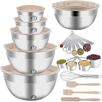 Mixing Bowls Set, 25PCS Khaki Mixing Bowls With Lids Set Stainless Steel Kitchen Large Nesting Metal Bowl 7QT to 1.5QT, Measuring Cups and Spoons for Prepping Cooking Serving