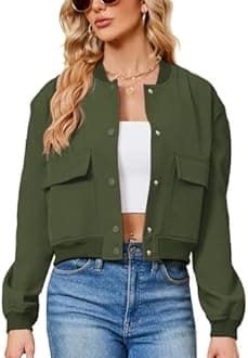 Zando Bomber Jacket Women 2026 - Short Cropped Jacket Women Button Down Long Sleeve Casual Varsity Jackets with Pockets