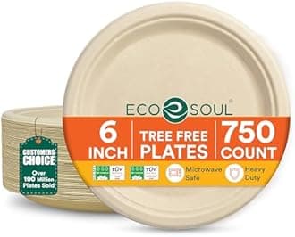 ECO SOUL 100% Compostable 6 Inch Paper Plates [750-Pack] Disposable Party Plates I Heavy Duty Eco-Friendly Dinner Plates Disposable I Biodegradable Unbleached Sugarcane Eco Plates