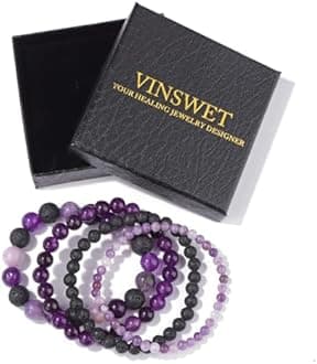 Vinswet 4pcs Beaded Bracelets for Women,Natural Healing Crystal Gemstones Bracelet,Anxiety Stress Relief Bracelet Handmade purple Jewelry Gifts for Women