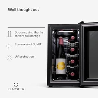 Klarstein Single Zone Refrigerated Wine Cellar, Fridge Bar, Glass Door, Mini Silent Refrigerator, 5-18°C, 8 Bottles