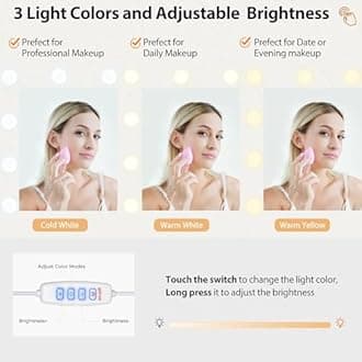 ANWBROAD Large Vanity Desk with Lighted Mirror White Makeup Vanity Set with Glass Top & Power Outlet & 7 Drawers Storage 3 Color Lighting Modes Dressing Table with Stool for Bedroom Women Girl UBDT83W