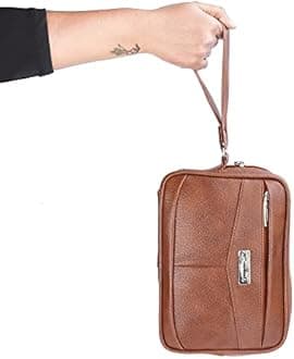 NFI essentials Mens Pouch Multipurpose Leather Toiletry Bag Wrist Hand Bag for Cash Money Carrying Purpose