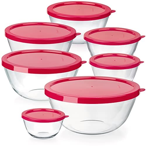 7 Stackable Space-Saving Nesting Glass Bowls with Pink Lids for Foodprep, Storage, Baking, Mixing & Cooking, Microwave Safe - Durable Inert Borosilicate Glass