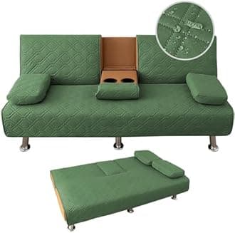 4 Pieces Click Clack Sofa Bed Cover 3 Seater, Quilted Convertible Folding Cover with 2 Removable Armrests and 1 Holders Covers (Green)