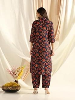 GRECIILOOKS Women’s Floral Printed Co-ord Set | Navy Blue Rayon Kurta with Pants | Casual & Festive Ethnic Wear 3/4 Sleeves | Co ord Set For Women Stylish | 2 Piece Dress For Holiday Look & Puja