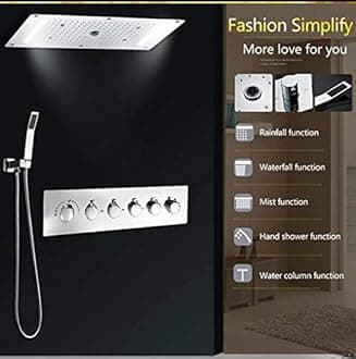 Cascada Vaticano LED Modern Shower System | Multi-Functions Shower head with Handheld Shower | Ceiling Mount | 15"x28" | 6-Knob Thermostatic Valve (Brushed Nickel)