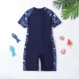 Xumplo Boys Swimming Costume Kids One Piece Swimsuit Short Sleeve Zipper Beach Swimwear Dinosaur Rash Guard Bathing Suit Dark Blue 3-10 Years