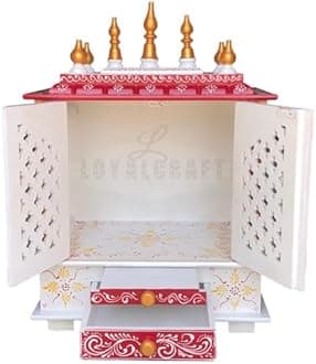 LOYALCRAFT Wooden Temple mandir/god Stand for Home/Pooja Stand/mandap/mandapam/mandir with Doors (Medium 18x12x24 WxDxH INCH, White red Golden)