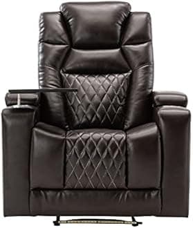 Merax Electric Recliner Chair with USB Charge Port, 360 Swivel Tray Table, Hand in-Arm Storage, and Cup Holders, Ambient Lighting - Ambient Lighting Gaming Recliner Chair Home Theater Seating (Brown)