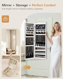 Nicetree 6 LEDs Mirror Jewelry Cabinet, Jewelry Organizer with Full Length Mirror, Wall/Door Mounted Jewelry Organizer, Full Length Mirror with Storge (Textured White)