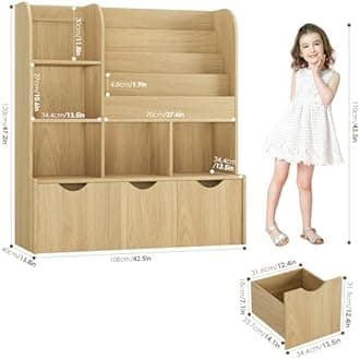 FOTOSOK 47'' Kids Bookshelf with Toy Storage, Multifunctional Bookcase with 5 Storage Cubbies and 3 Movable Drawers, Toy Storager Display Stand, Toy Organizer and Storage for Playroom,Bedroom, Natural