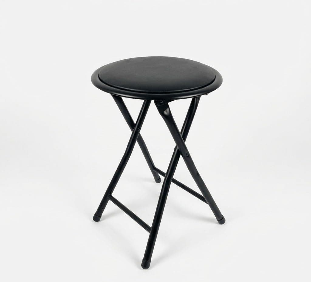 Black Round Compact Padded Folding Stool Chair For Breakfast, Office Stool, Folding Kitchen Stool, Desk Stool, Foldable Bar Stools