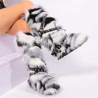 Faux Fur Boots for Women Long Furry Knee High Boots Comfy Warm Plush Snow Boots Winter Fuzzy Outdoor Boots Fluffy Indoor Flat Shoes