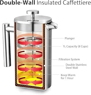 Miuly French Press 34oz, Double Insulated 304 Stainless Steel Coffee Press,Stainless Steel Coffee Maker (34oz, Sliver)