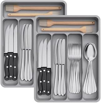 Lifewit 2 Pack Cutlery Drawer Organiser, Plastic Cutlery Tray for Kitchen Drawer, Utensil Flatware Silverware Holder Divider for Spoons Forks Knives Tableware, 5 Compartment, Grey