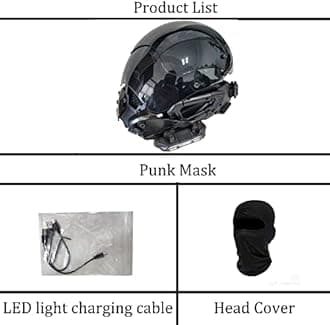 PDLING Punk Gothic Cyber Helmet Mask for Men,Techwear mask, Halloween Cosplay Costume Accessory with LED Light, Futuristic Helmet, Black, One Size