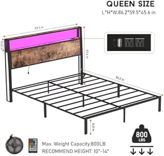 Queen Size Bed Frame with 2-Tier Storage Headboard with Charging Station and 12 Color LED Lights,2 Tier Solid Wood Headboard Storage,Noise Free, No Box Spring Needed/Remote Control/Vintage Brown