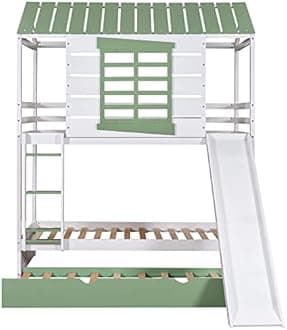 MERITLINE House Bunk Beds with Slide for Kids, Wood Twin Over Twin Bunk Beds with Trundle and Convertible Slide,Slide Playhouse Bed for Girls Boys, White+Green