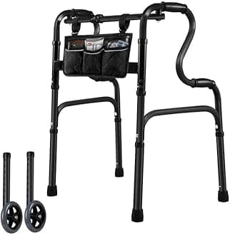 Black Stepped Handrail Walker for Seniors - 6" Removable Bearing Wheels, 7-Level Height Adjustable (31"-38"), Stand Assist Walker with Storage Bag, Fixed & Flexible Modes,Aluminum Folding Walkers