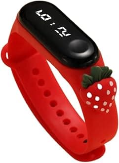 Digital Dial Waterproof Stylish & Fashionable Wrist Smart Watch LED Band for Kids, Colorful Cartoon for Boys & Girls (Removable Silicon Strap) (Red Strawberry)