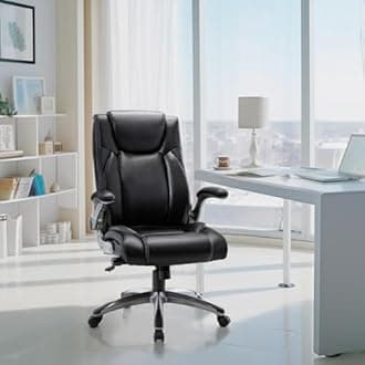 Executive Leather Office Chair, Ergonomic Office Chair with Adjustable Lumbar Support,High Back Computer Desk Chair, Flip-up Arms, Swivel Rolling Home Office Work Chair for Adults, Men, Women (Black)