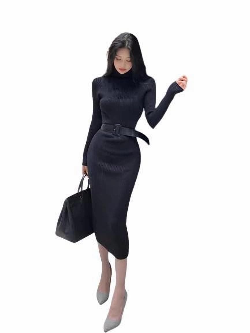 Slim Fitting Pullover Sweater with Elastic Waistband, Long Knit Bottom and Buttocks Wrapped Knit Dress
