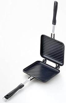 Yoshikawa SJ2408 Hot Sand Maker, For Gas Fire, Crispy, Single Fluorine Processed, Tanned Grill, Total Width 5.9 x Length 13.8 x Height 1.3 inches (15 x 35 x 3.2 cm), Black, Outdoor Camping