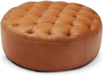 - PREDELLA Leather Tufted Round Cocktail Ottoman Coffee Table, Center Table, Circle Table,Bar Table Sofa Side Tables,Coffee Tables for Living Room,Farmhouse,Breakfast Table