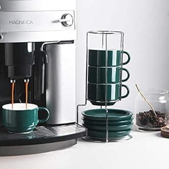 Sweejar Home Porcelain Espresso Cups with Saucers, 120 ml Stackable Cappuccino Cups with Metal Stand for Coffee Drinks, Latte, Tea - Set of 4 (Jade)