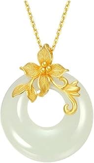 Rockyu Women's Necklace, Gold, Stainless Steel, Simple, Gold Flower, Hotan, White Ball, Round Necklace, Amulet, Good Luck, 18K Gold Plated Pendant, Fashionable Accessory, Stainless Steel Metal