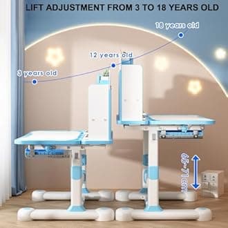 Children Adjustable Desk and Chair Set, Study Table for Kids, kids writing desk, Pink Home School Writing Desk with Drawers and Storage Compartments, Reading/Learning/Writing for Girls (Blue-A)