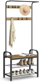 VASAGLE Coat Rack, Shoe Bench, Hall Tree with Storage Shelf for Entryway, Industrial Accent Furniture with Steel Frame, 3-in-1 Design, Easy Assembly, Honey Brown and Black UHSR040B05