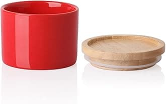 Sweejar Kitchen Canisters Ceramic Food Storage Jar, Stackable Containers with Airtight Seal Wooden Lid for Serving Ground Coffee, Tea, Sugar, Spice and More - 5 Fl Oz(Red)