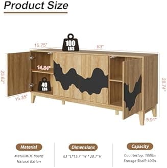 UEV Buffet Cabinet, 63" Modern Sideboard with Black Water Stream Pattern, Kitchen Storage Cabinet with 4 Doors and Shelf, Wood Credenza for Dinning Room, Living Room (Natural and Black)