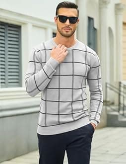 MAGCOMSEN Men's Crewneck Sweaters Cotton Lightweight Plaid Pullover Sweater Warm Casual Fall Winter Sweatshirts